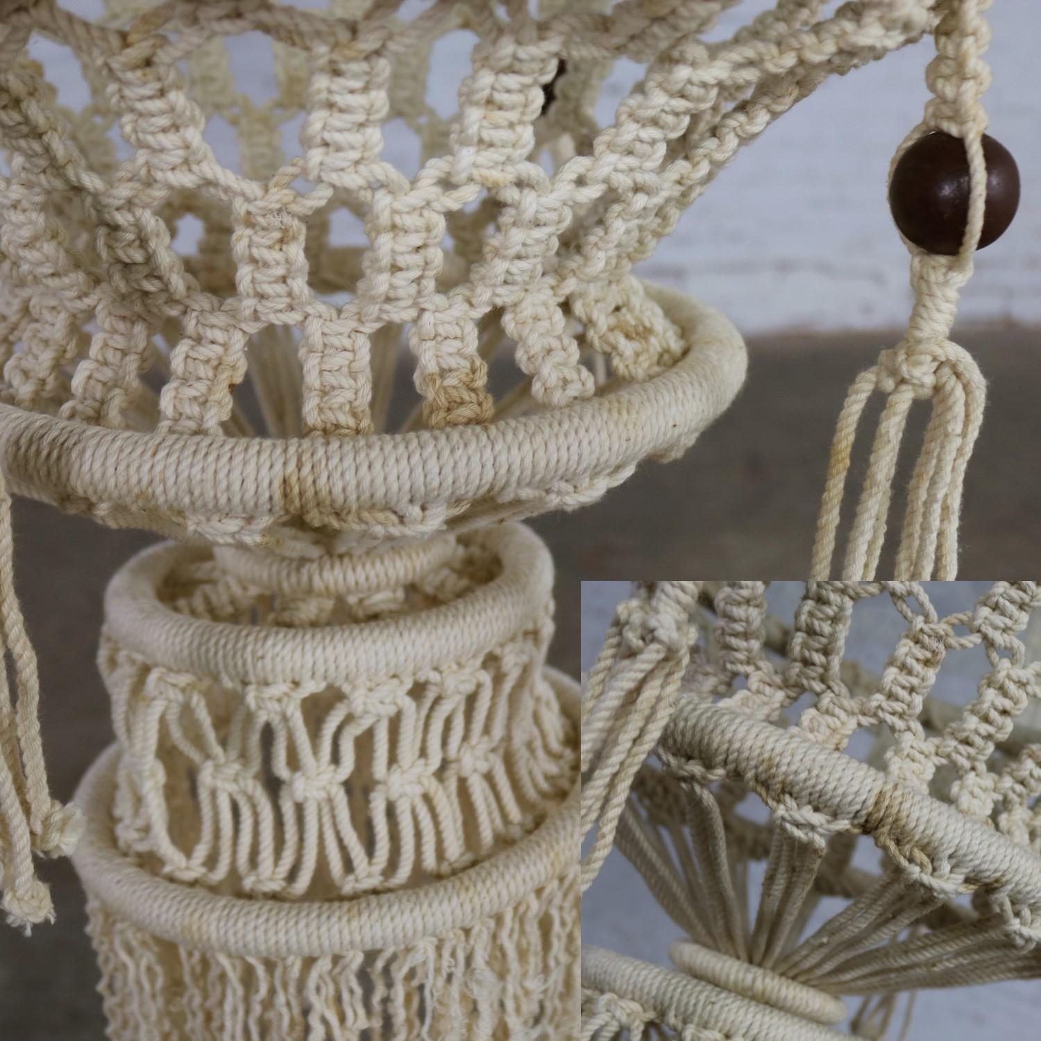 Vintage Pair of Bohemian White Macramé Hanging Tables with Round Glass Tops 8