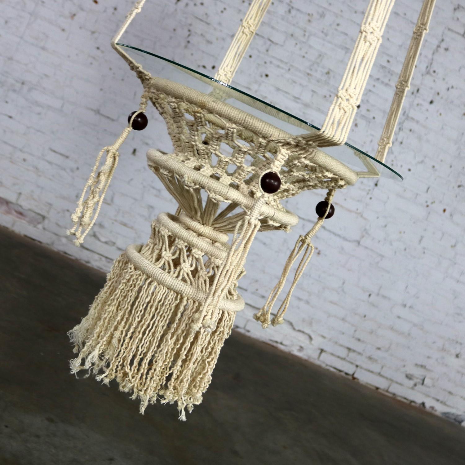 Hand-Knotted Vintage Pair of Bohemian White Macramé Hanging Tables with Round Glass Tops