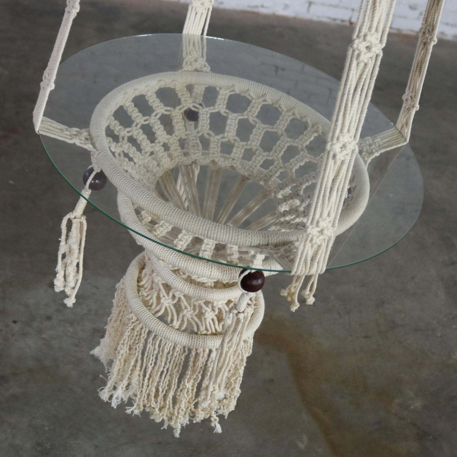 Vintage Pair of Bohemian White Macramé Hanging Tables with Round Glass Tops In Good Condition In Topeka, KS
