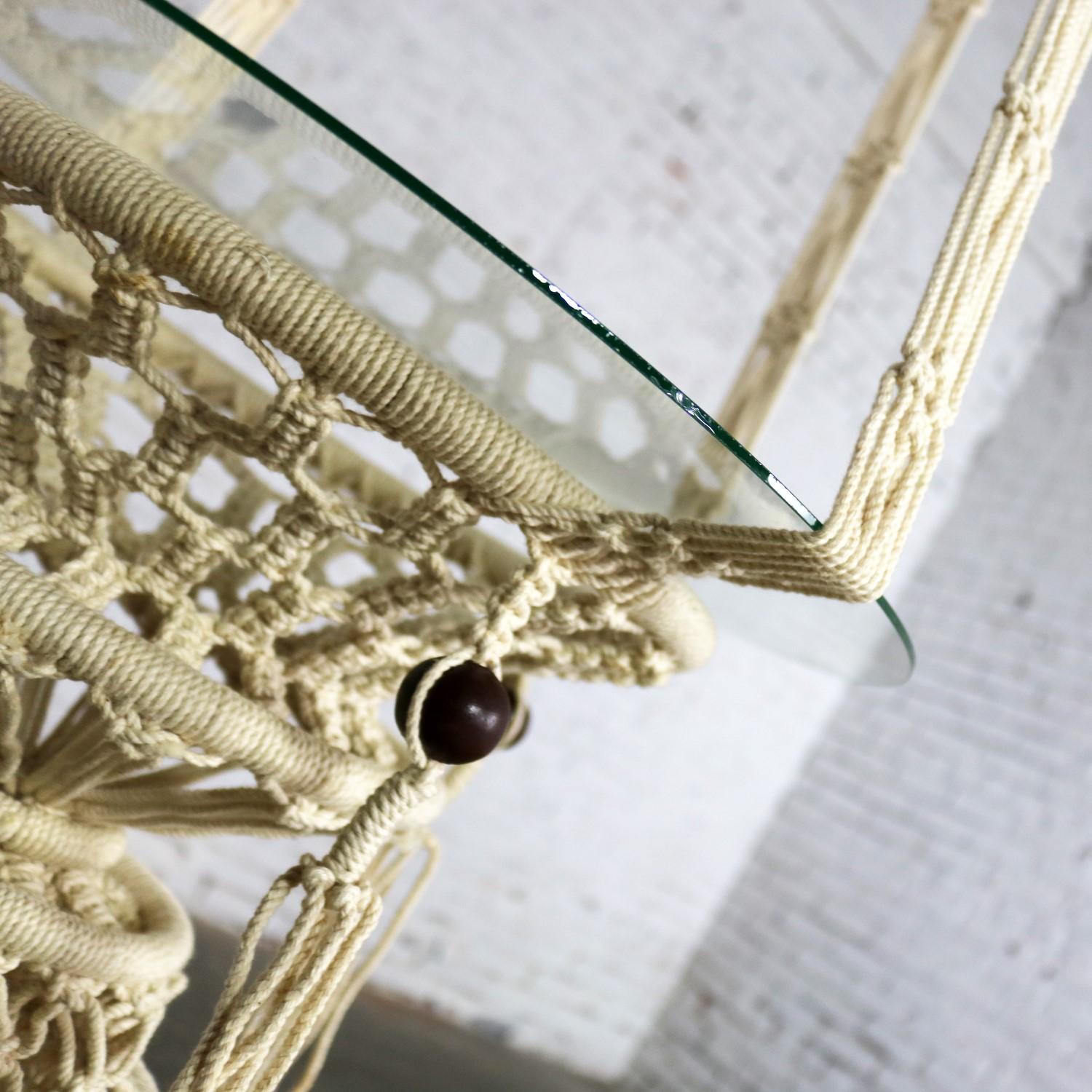 20th Century Vintage Pair of Bohemian White Macramé Hanging Tables with Round Glass Tops