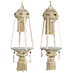 Vintage Pair of Bohemian White Macramé Hanging Tables with Round Glass Tops