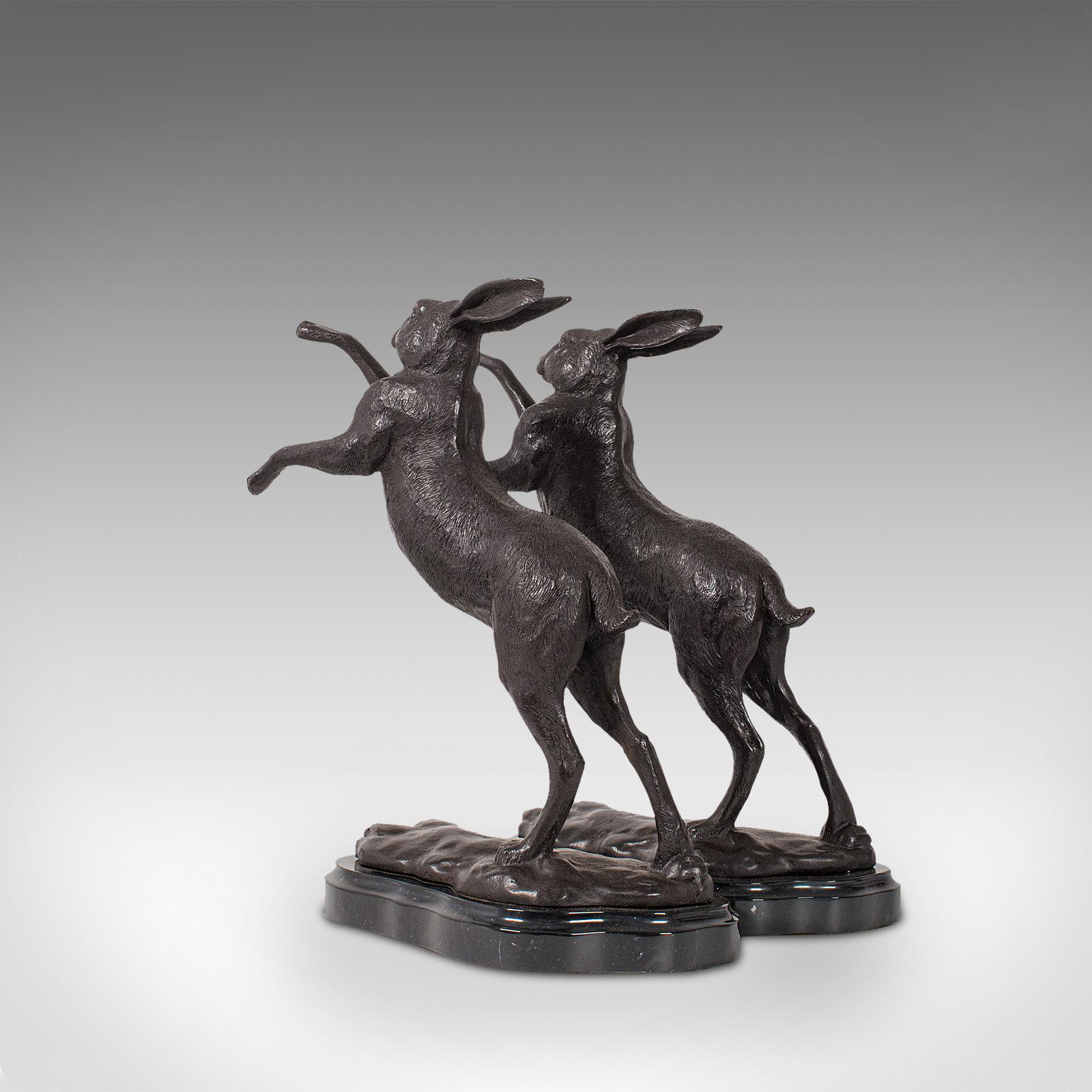 British Vintage Pair of Boxing Hares, English, Bronze, Figures, Bookends, circa 1960