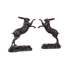 Vintage Pair of Boxing Hares, English, Bronze, Figures, Bookends, circa 1960