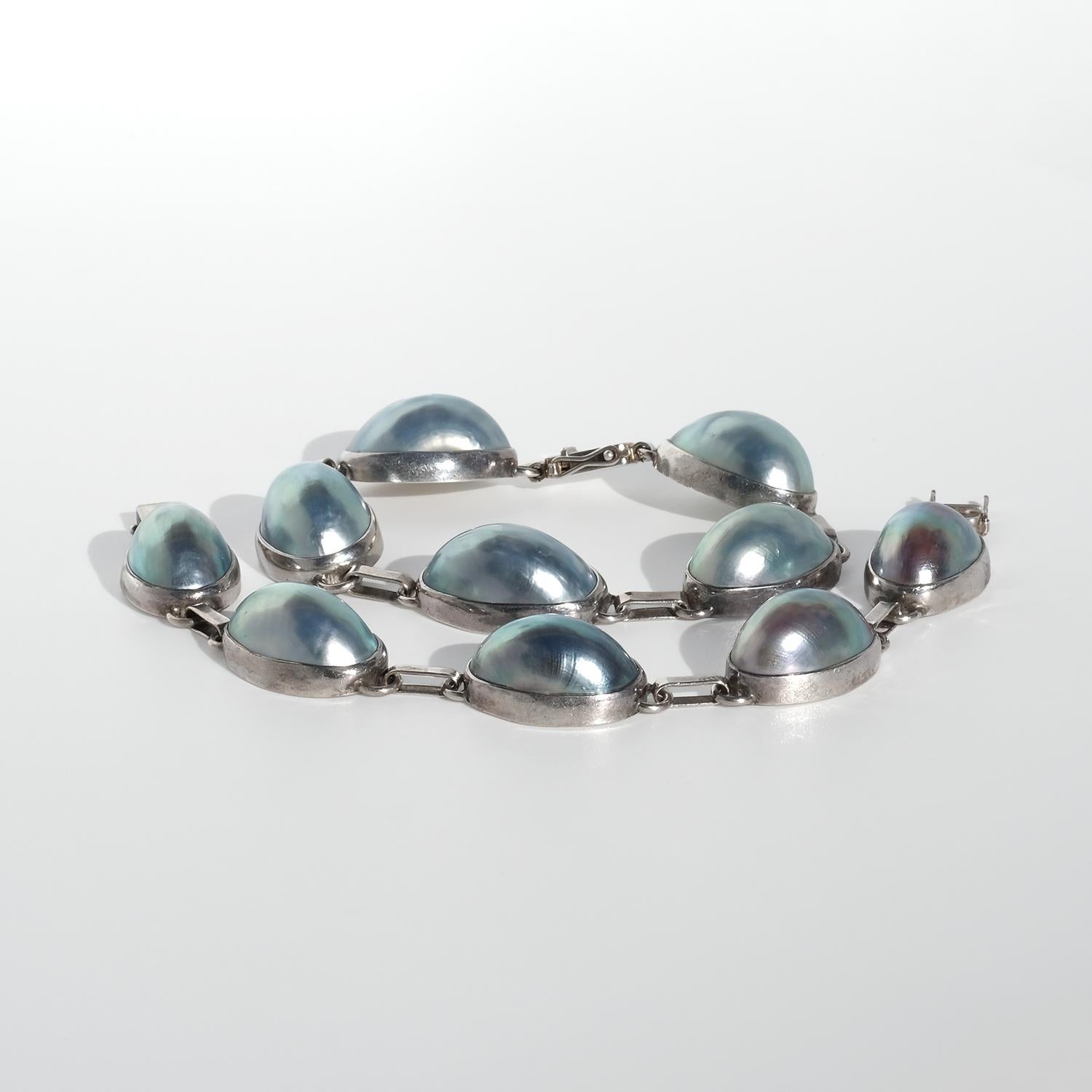 Vintage pair of bracelets. Silver and Grey Mother of Pearl. For Sale 1