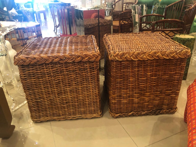 Vintage Pair of Braided Wicker Rattan Side End Tables Benches Square at  1stDibs