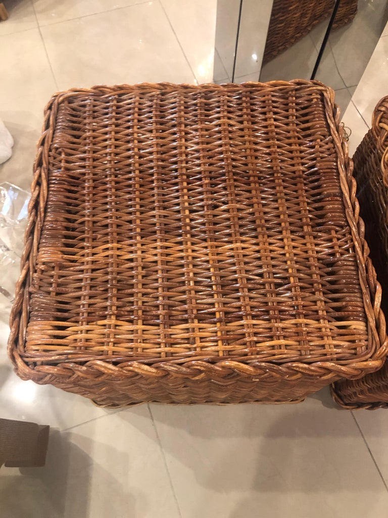 Vintage Pair of Braided Wicker Rattan Side End Tables Benches Square at