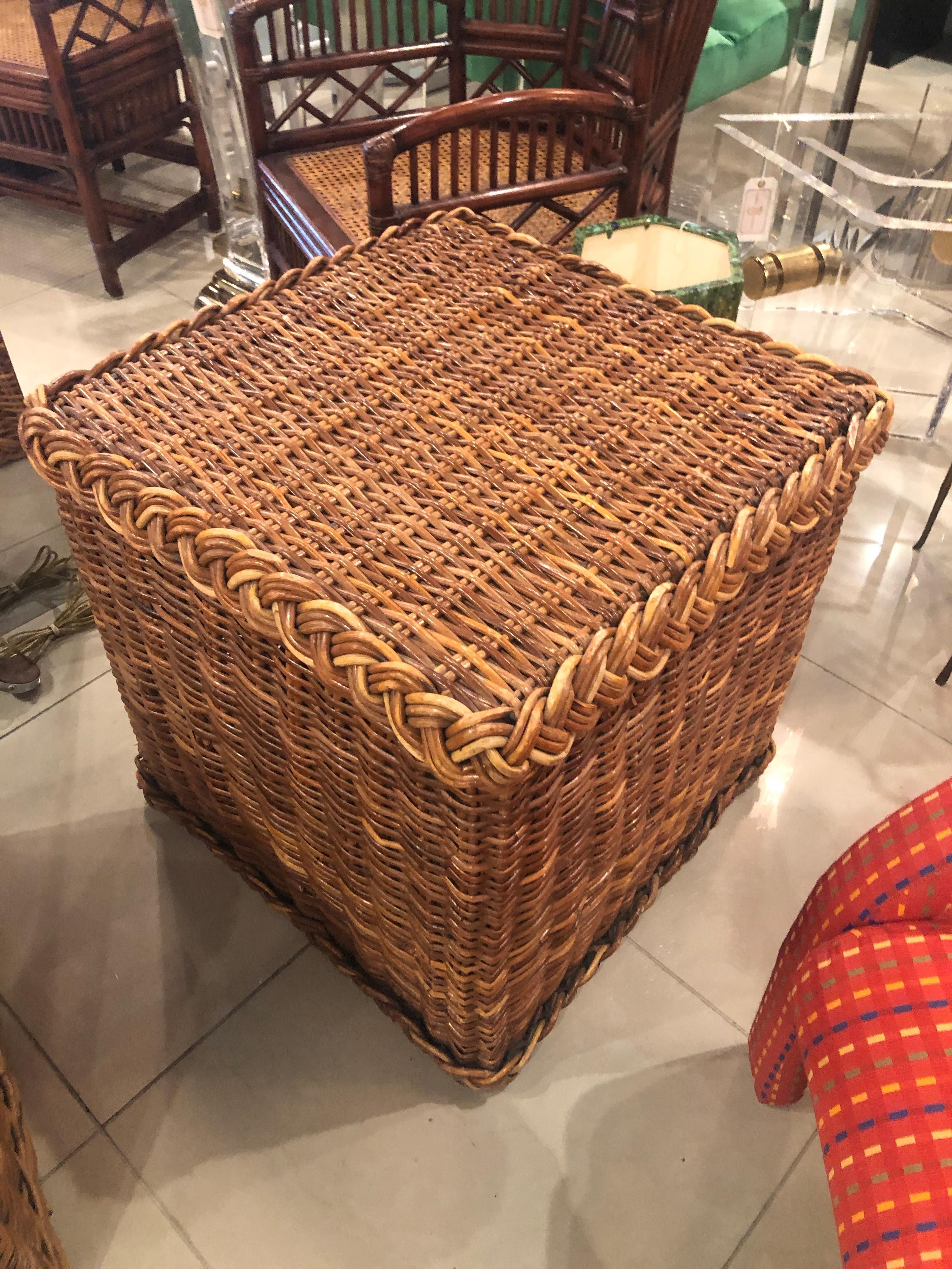 Hollywood Regency Vintage Pair of Braided Wicker Rattan Side End Tables Benches Square