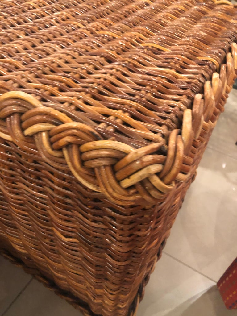 Vintage Pair of Braided Wicker Rattan Side End Tables Benches Square at