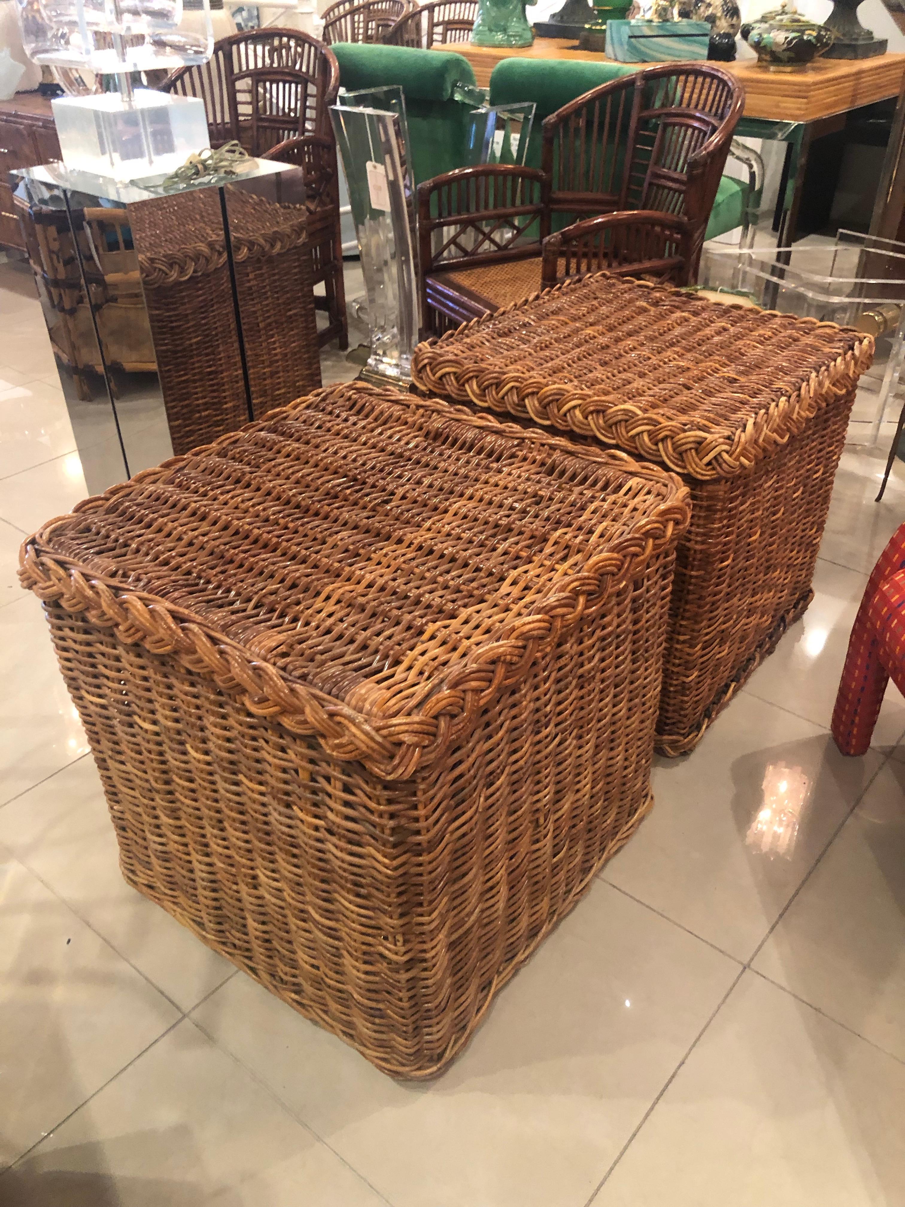 Vintage Pair of Braided Wicker Rattan Side End Tables Benches Square In Good Condition In West Palm Beach, FL