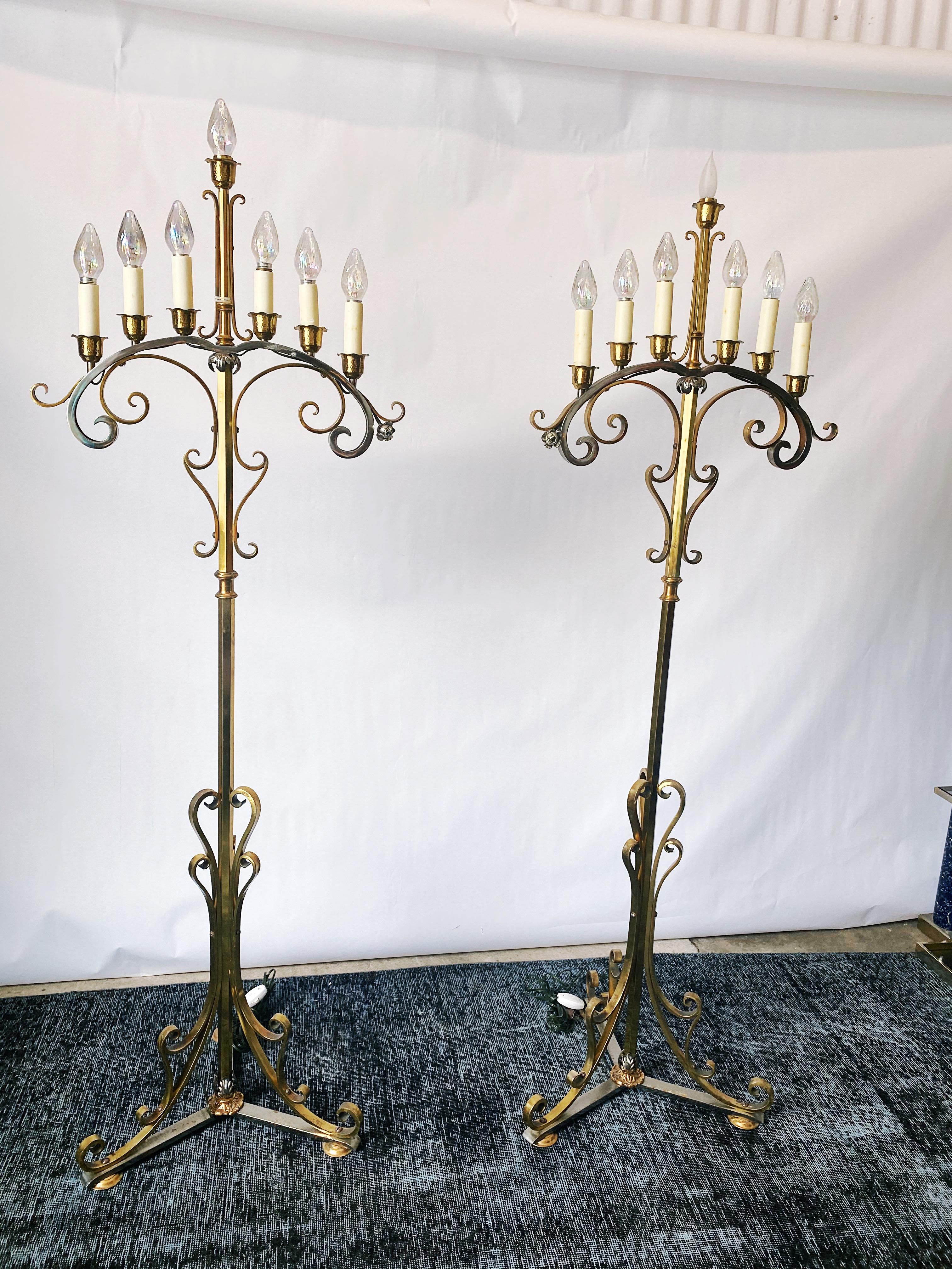 Vintage Pair of Brass and Chrome Candelabra Floor Lamps, circa 1950s In Good Condition In San Antonio, TX