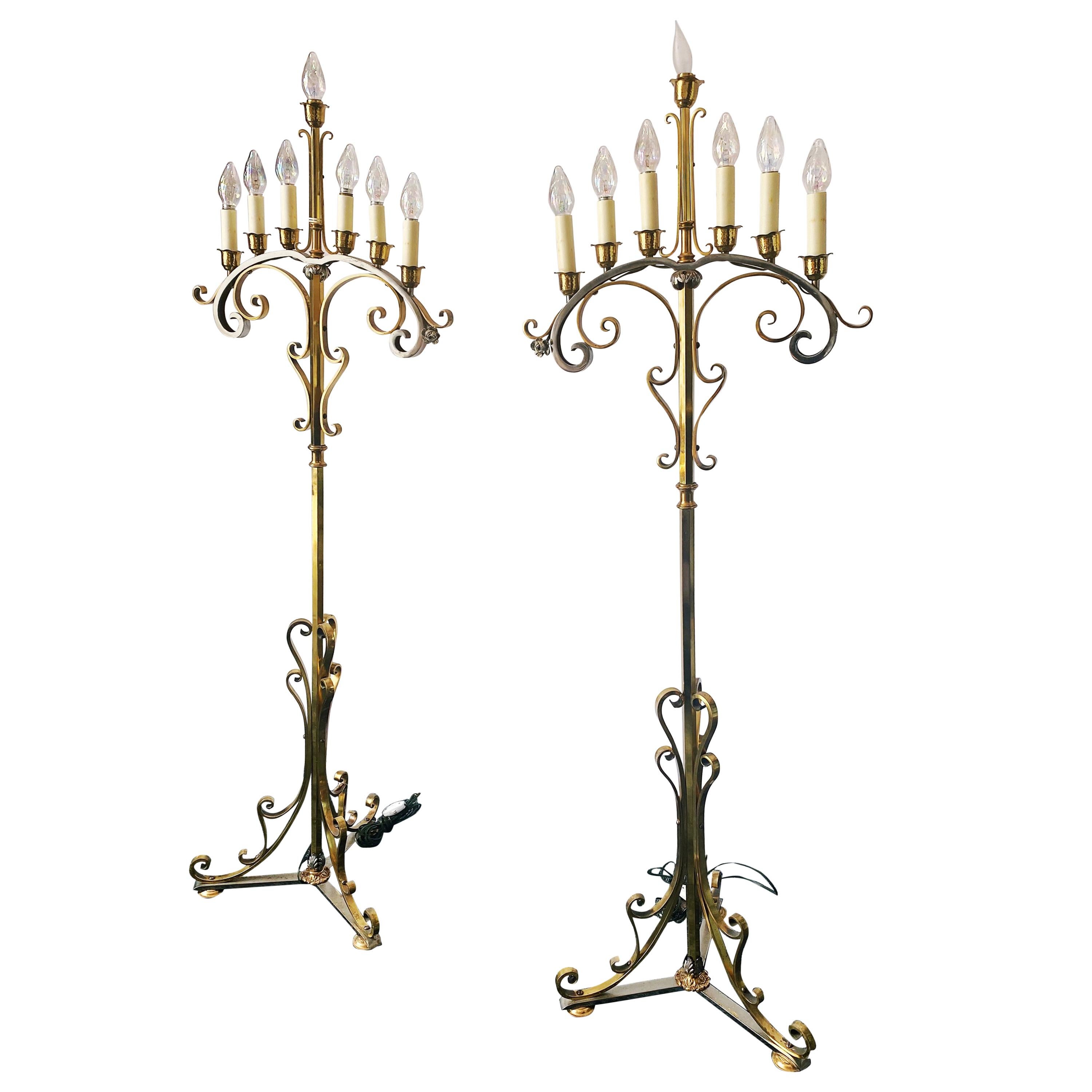 Vintage Pair of Brass and Chrome Candelabra Floor Lamps, circa 1950s