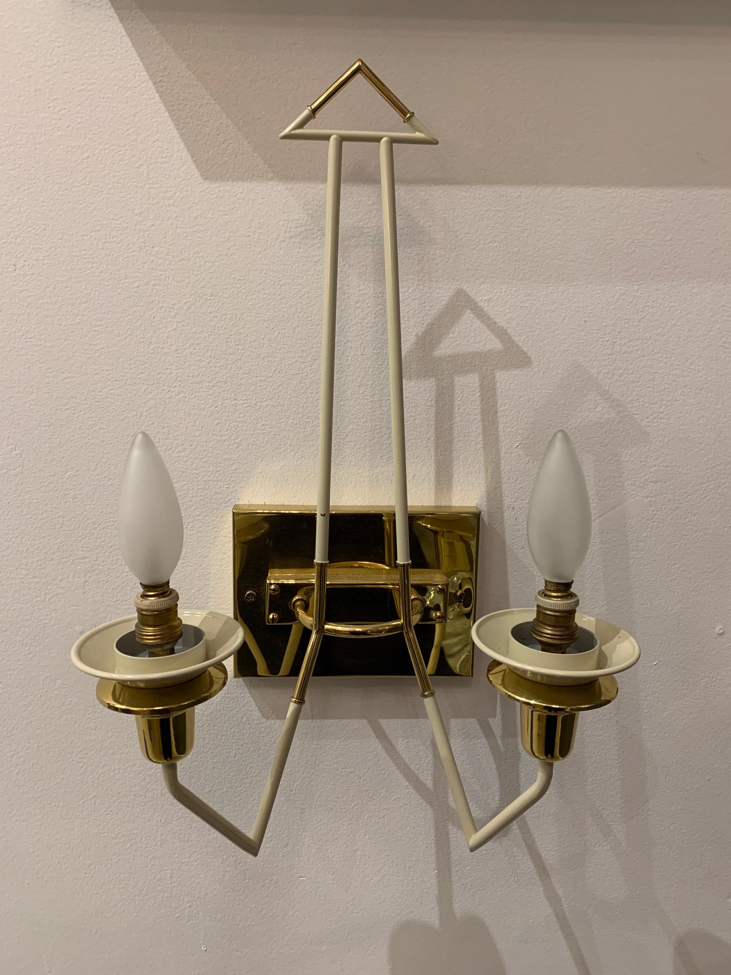 Glass Vintage Pair of Brass and Enamel Stilnovo Wall Sconces For Sale