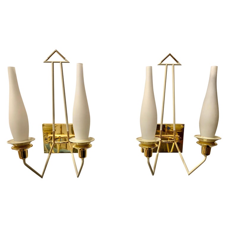 Vintage Pair of Brass and Enamel Stilnovo Wall Sconces For Sale at 1stDibs