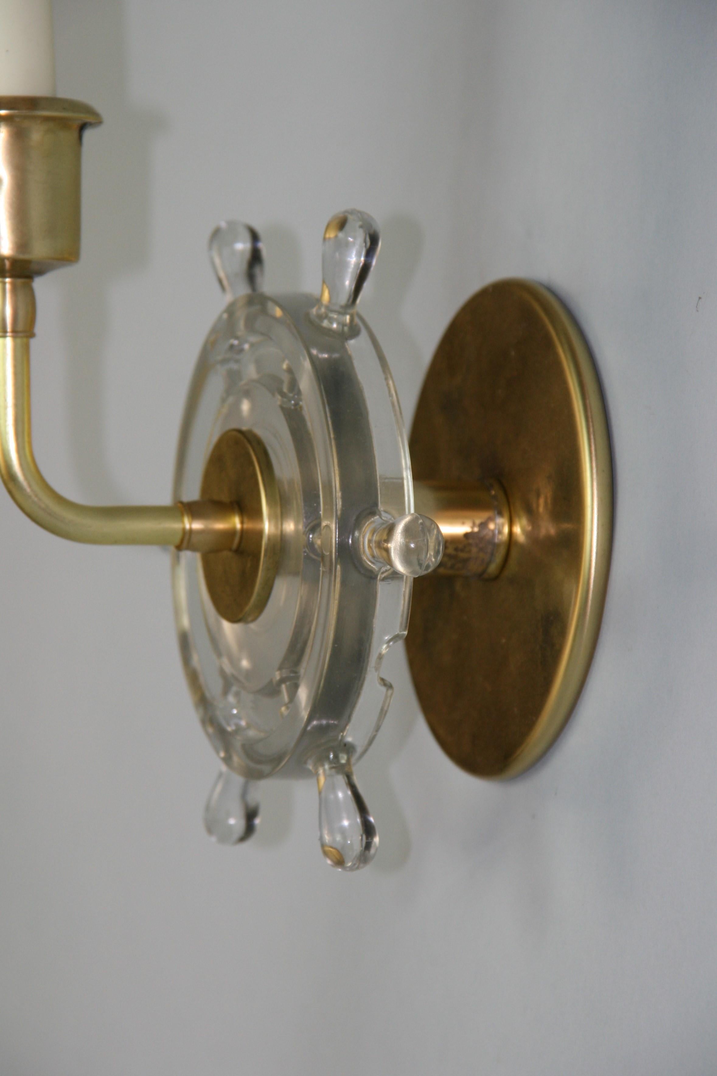 Mid-20th Century  Vintage  Glass Ships Wheel and Brass  Nautical  Sconces a Pair  For Sale