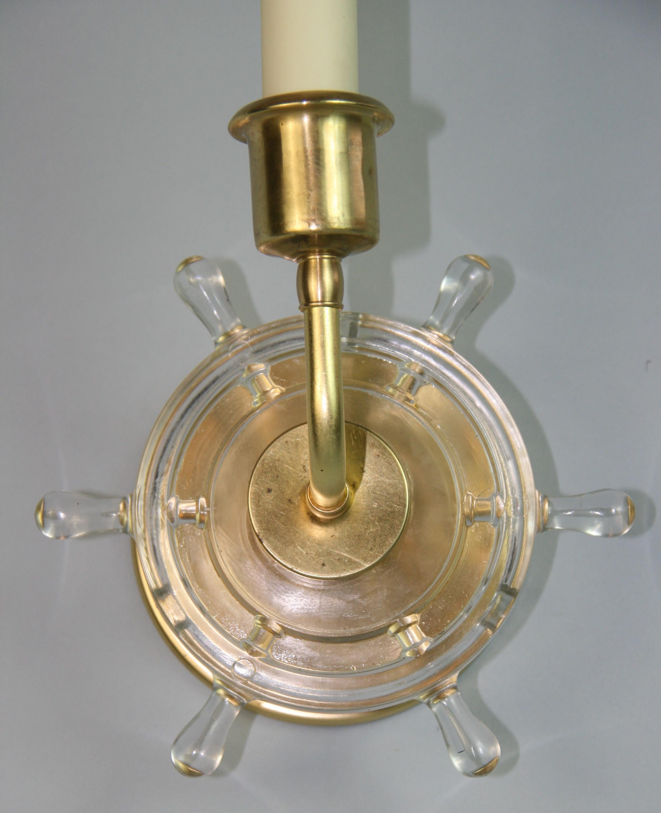  Vintage  Glass Ships Wheel and Brass  Nautical  Sconces a Pair  For Sale 2