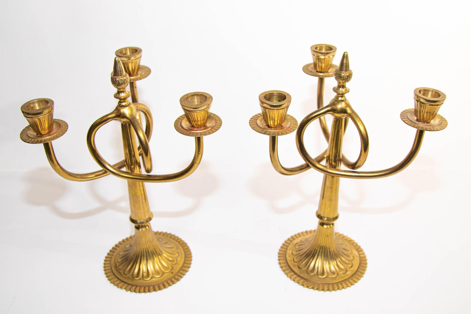Vintage Pair of Brass Art Nouveau Candelabras with 3 Branches, c.1950 8