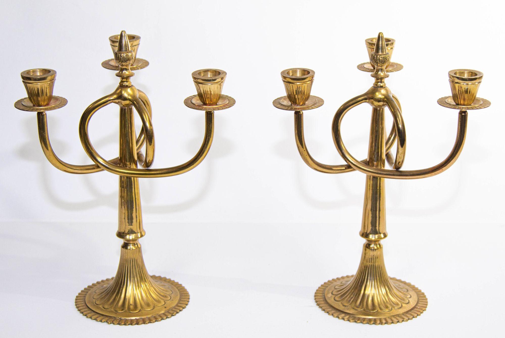 Vintage Pair of Brass Art Nouveau Candelabras with 3 Branches, c.1950 9