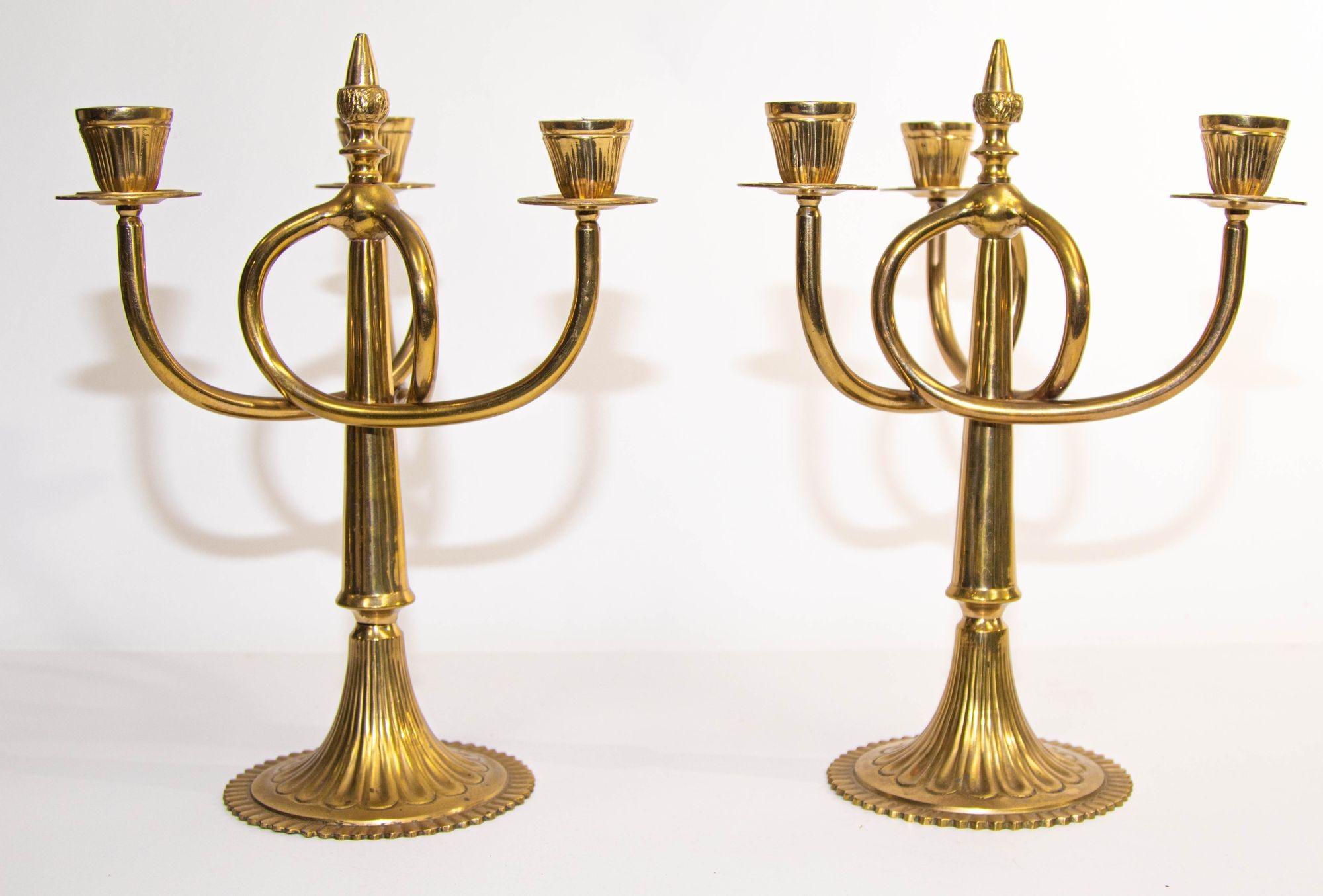 Vintage Pair of Brass Art Nouveau Candelabras with 3 Branches, c.1950 10