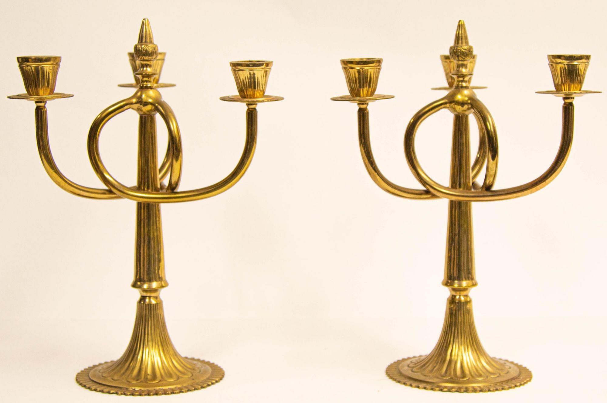 Vintage Pair of Brass Art Nouveau Candelabras with 3 Branches, c.1950 11