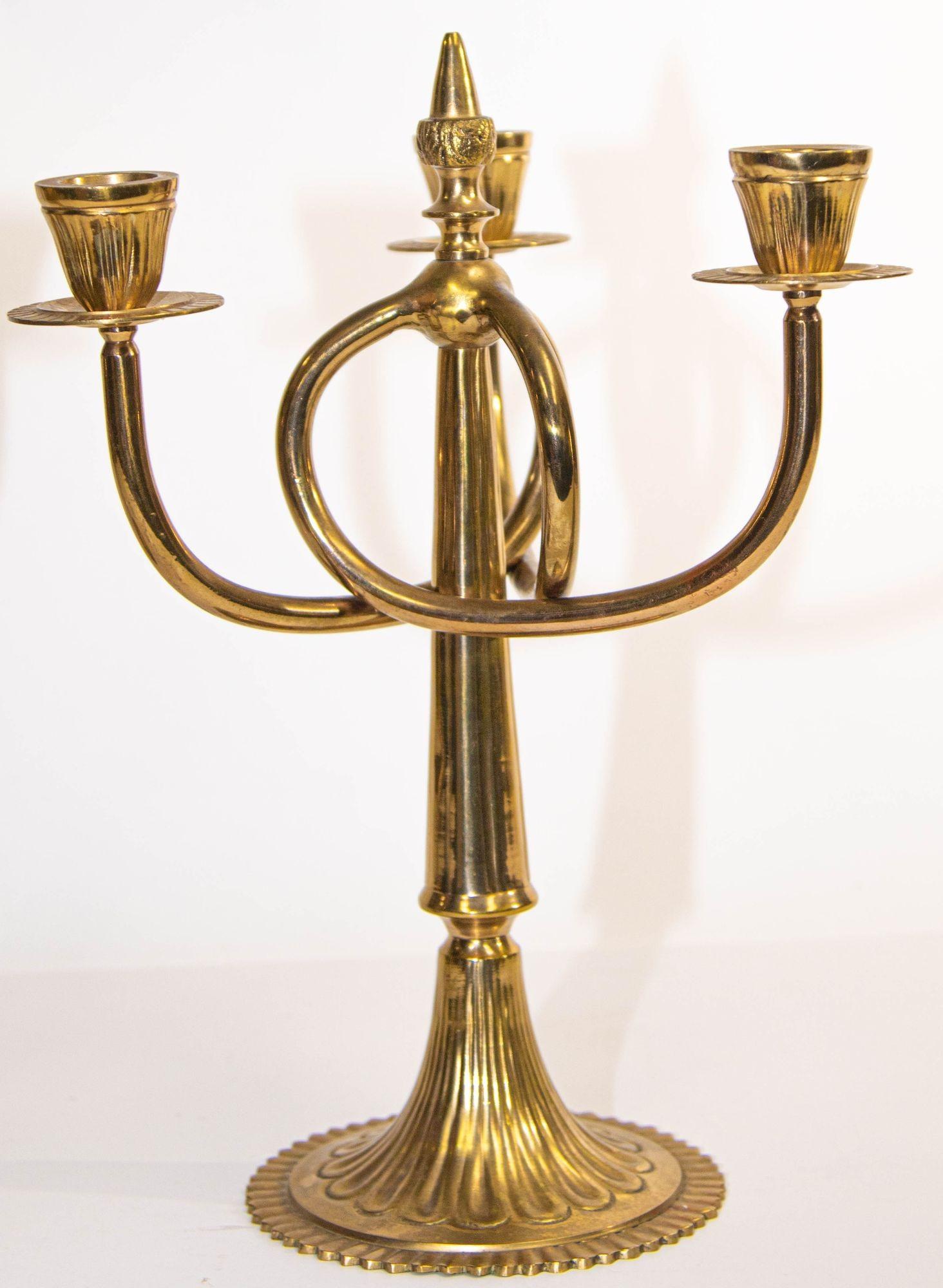 Cast Vintage Pair of Brass Art Nouveau Candelabras with 3 Branches, c.1950