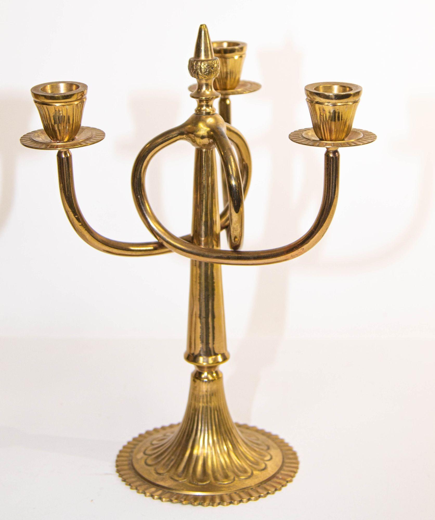 Vintage Pair of Brass Art Nouveau Candelabras with 3 Branches, c.1950 In Good Condition In North Hollywood, CA