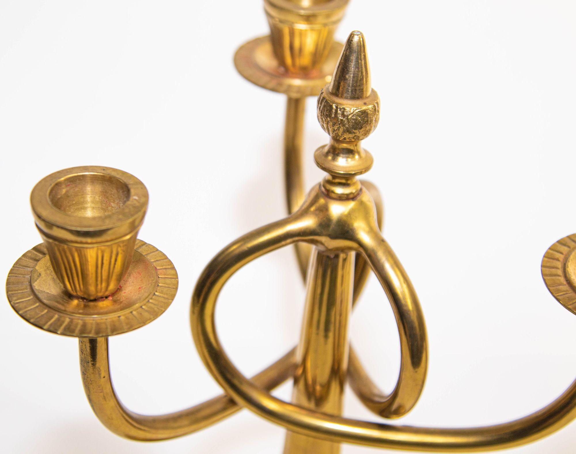 20th Century Vintage Pair of Brass Art Nouveau Candelabras with 3 Branches, c.1950