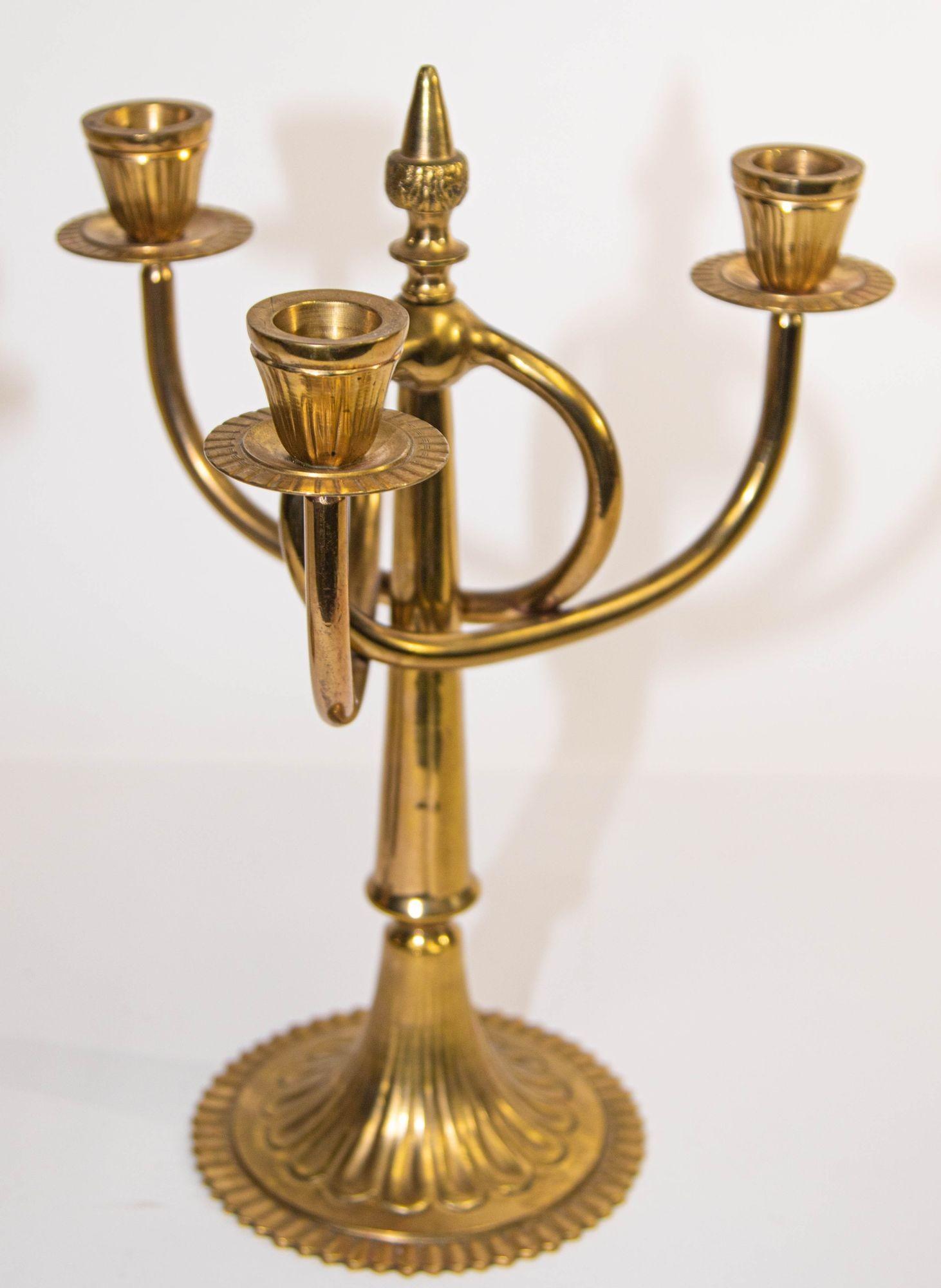 Vintage Pair of Brass Art Nouveau Candelabras with 3 Branches, c.1950 3