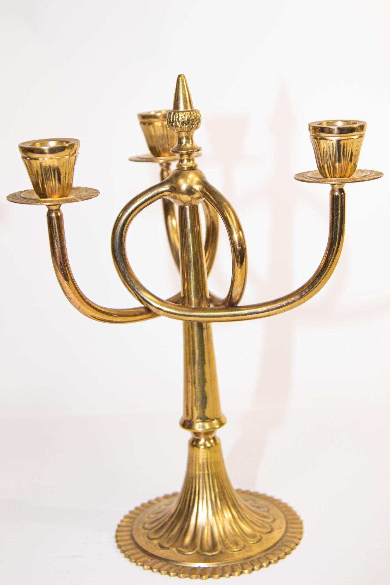 Vintage Pair of Brass Art Nouveau Candelabras with 3 Branches, c.1950 4