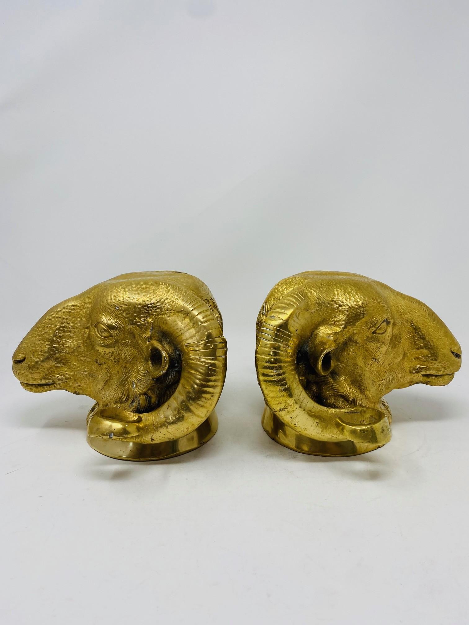 Vintage Pair of Brass Big Horn Ram's Head Sculptures For Sale 3