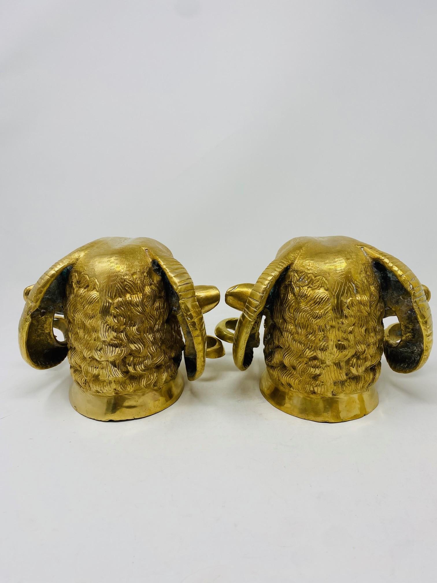 Vintage Pair of Brass Big Horn Ram's Head Sculptures For Sale 4
