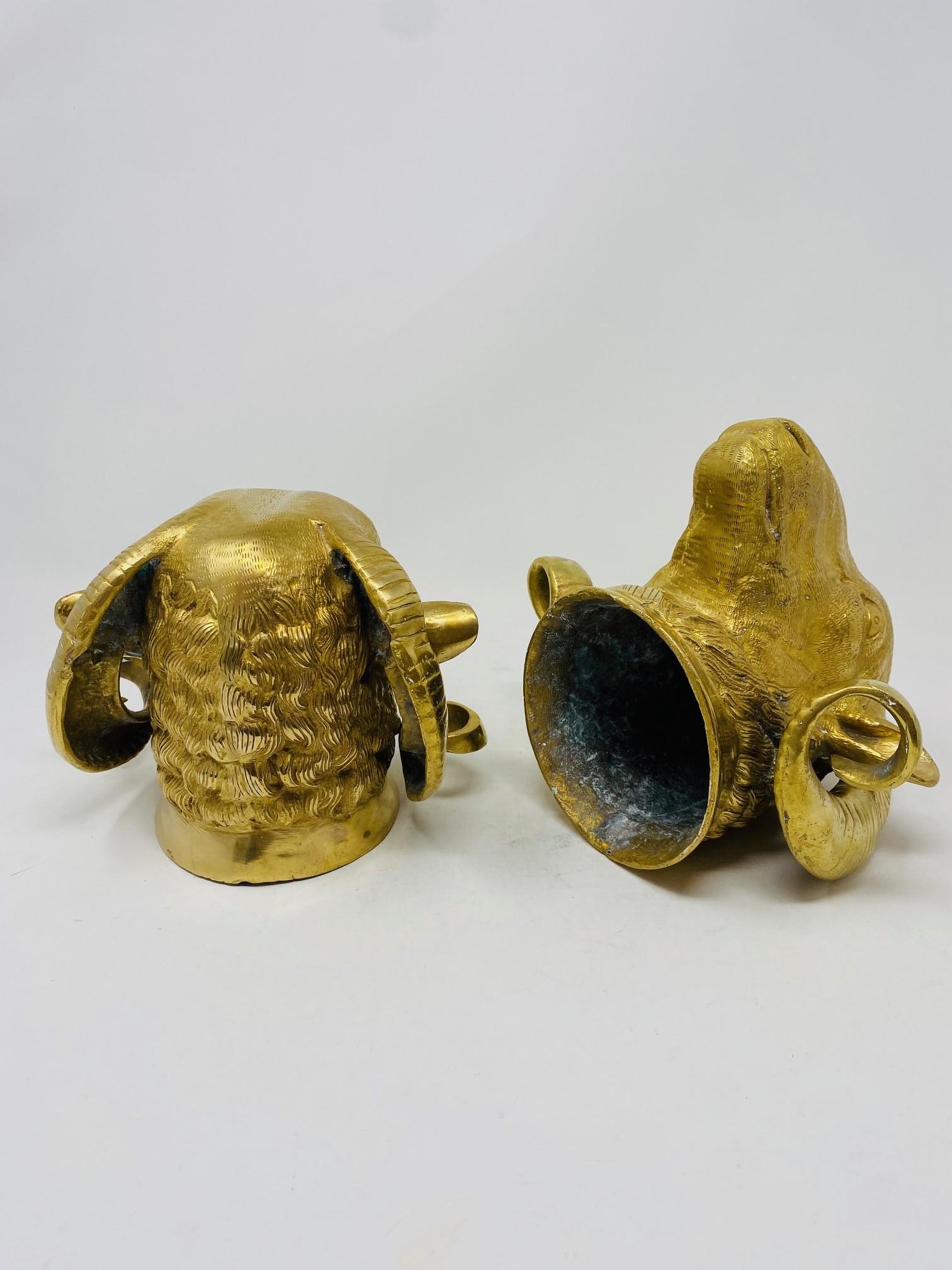 Vintage Pair of Brass Big Horn Ram's Head Sculptures For Sale 5