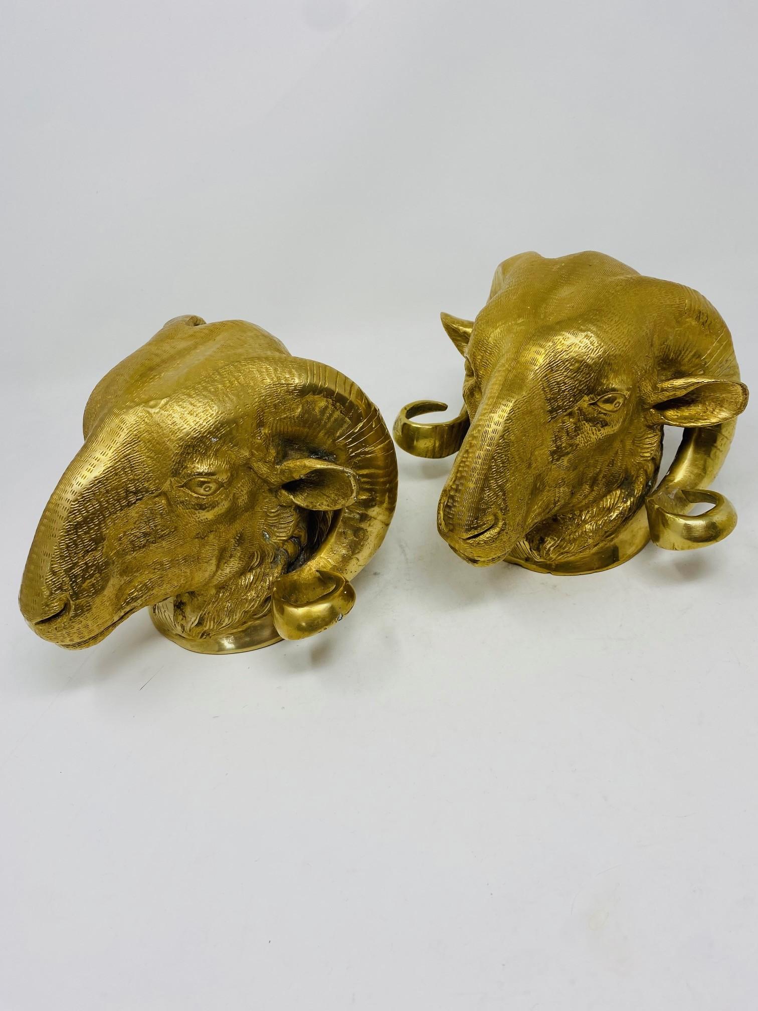Vintage Pair of Brass Big Horn Ram's Head Sculptures For Sale 6