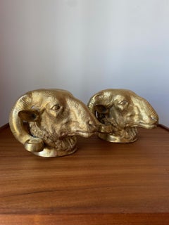 Vintage Pair of Brass Big Horn Ram's Head Sculptures