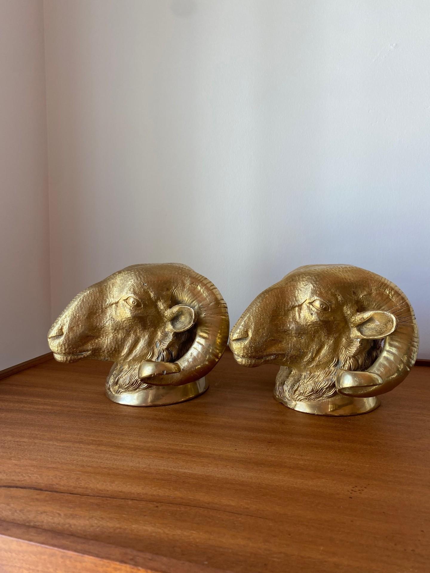 Neoclassical Vintage Pair of Brass Big Horn Ram's Head Sculptures For Sale