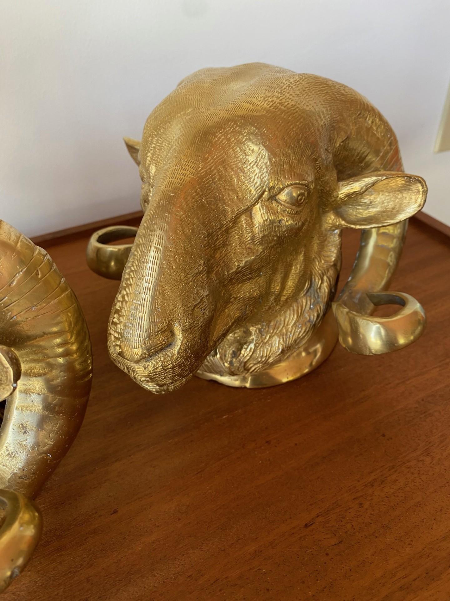 Italian Vintage Pair of Brass Big Horn Ram's Head Sculptures For Sale