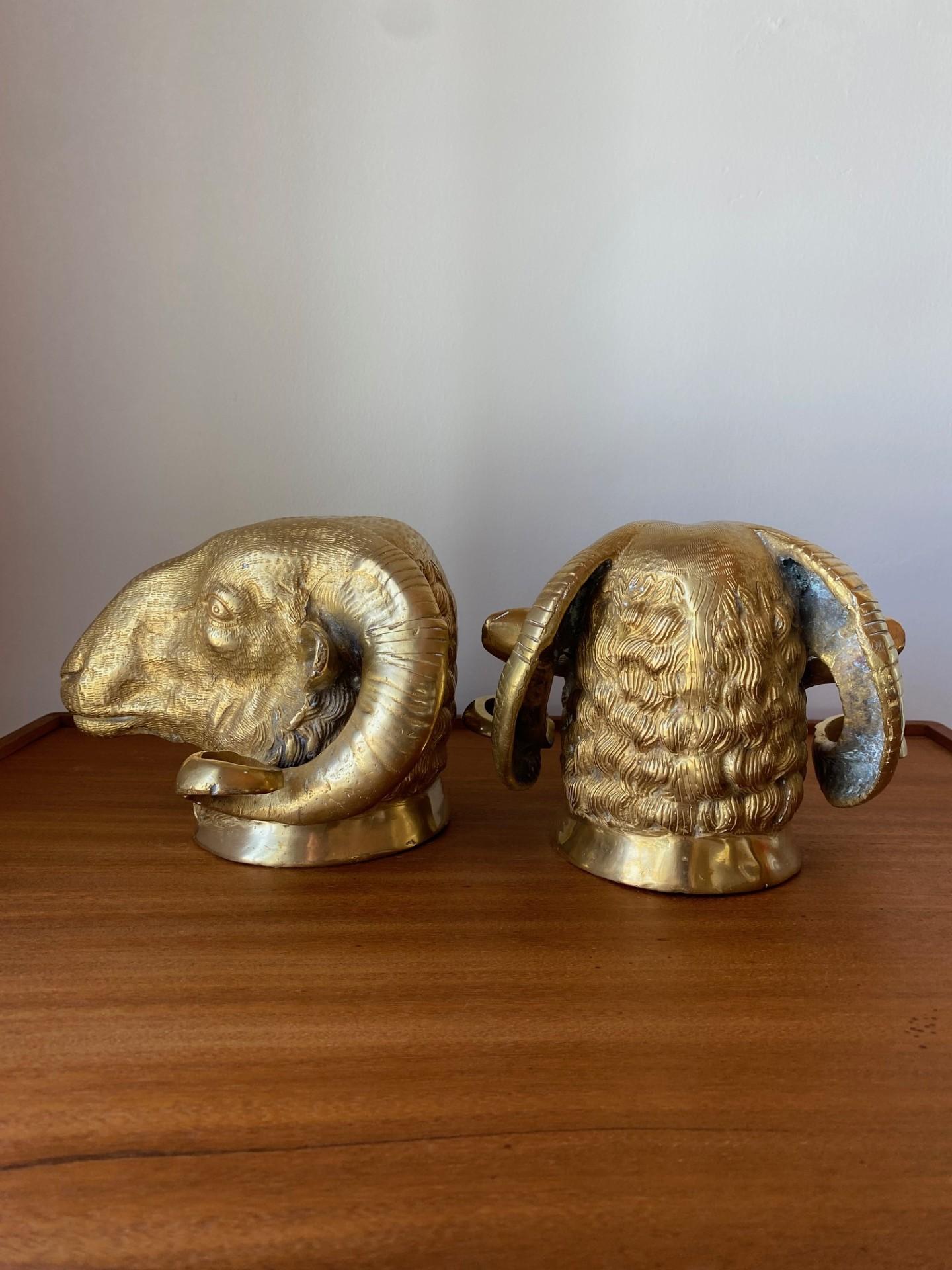 Cast Vintage Pair of Brass Big Horn Ram's Head Sculptures For Sale