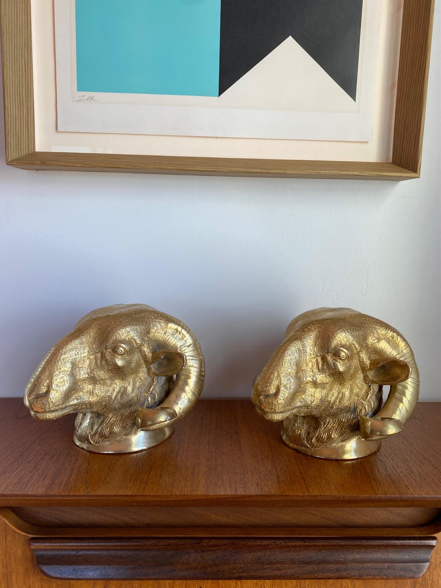 Late 20th Century Vintage Pair of Brass Big Horn Ram's Head Sculptures For Sale