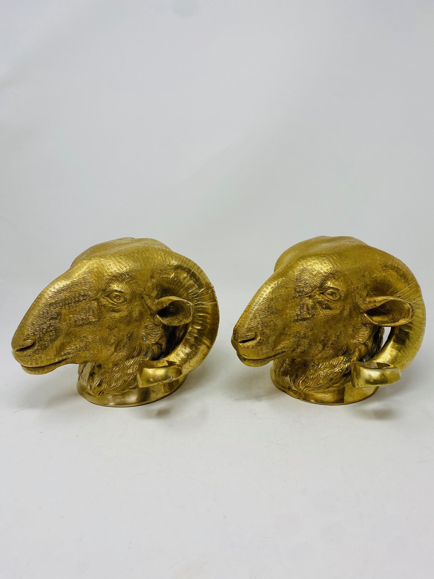 Vintage Pair of Brass Big Horn Ram's Head Sculptures For Sale 2
