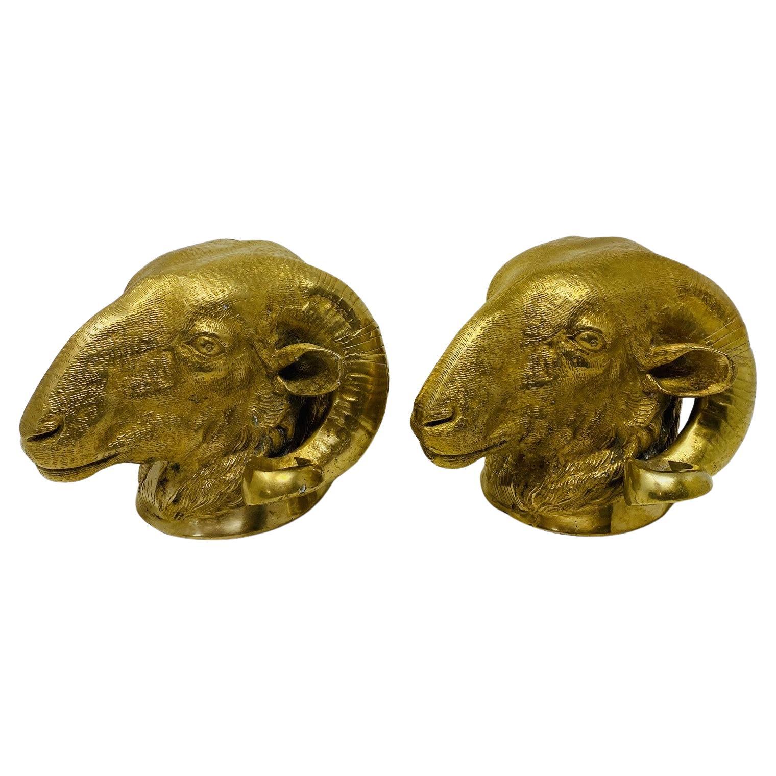 Vintage Pair of Brass Big Horn Ram's Head Sculptures For Sale