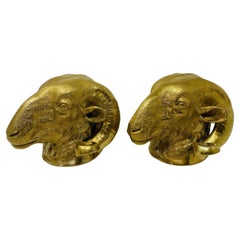 Vintage Pair of Brass Big Horn Ram's Head Sculptures