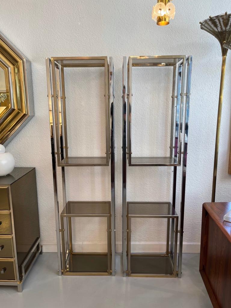 Vintage Pair of Brass, Chrome & Glass Shelves, Italy, Ca. 1970s For Sale 1