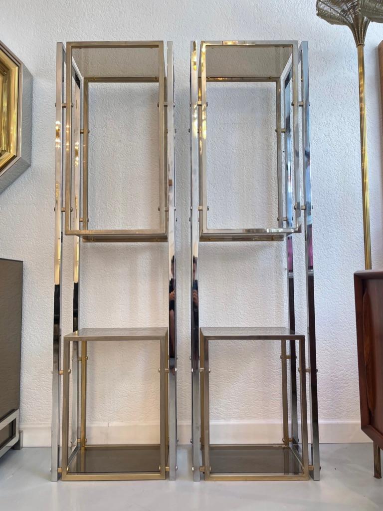 Vintage Pair of Brass, Chrome & Glass Shelves, Italy, Ca. 1970s For Sale 4