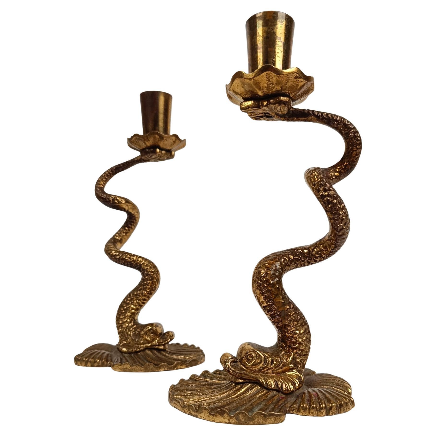 Vintage Pair of Brass Dolphin /Sea Serpent Candlesticks in Italian Baroque Style