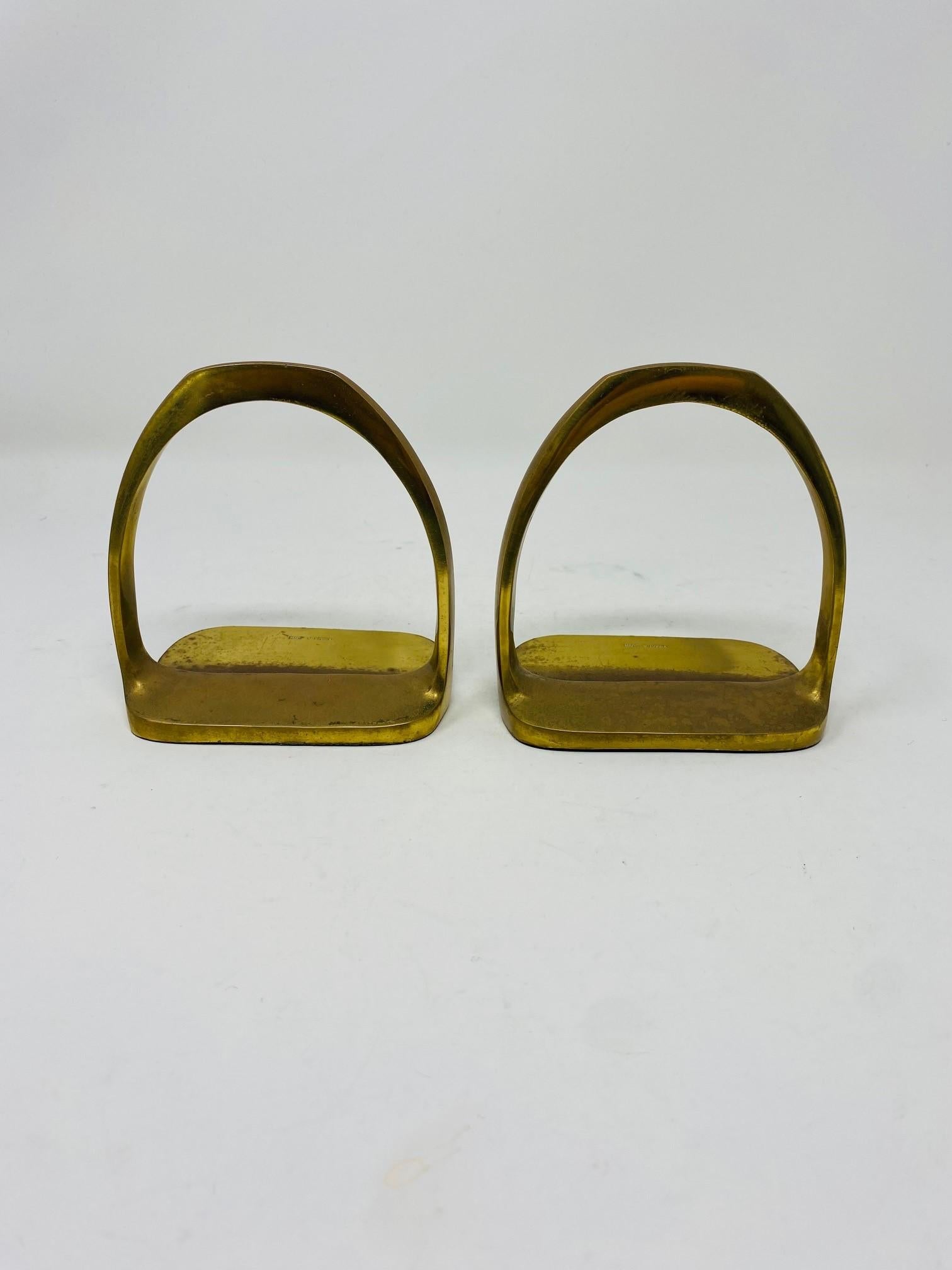 Vintage Pair of Brass Hermes Style Horse Saddle Stirrup Bookends For Sale 3