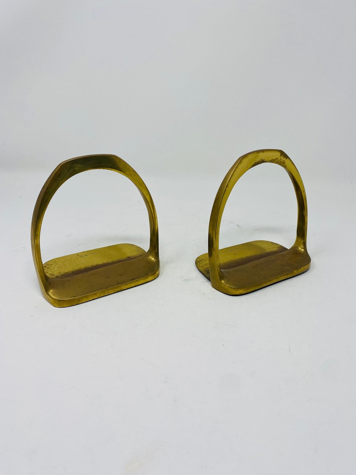 Vintage Pair of Brass Hermes Style Horse Saddle Stirrup Bookends For Sale 1