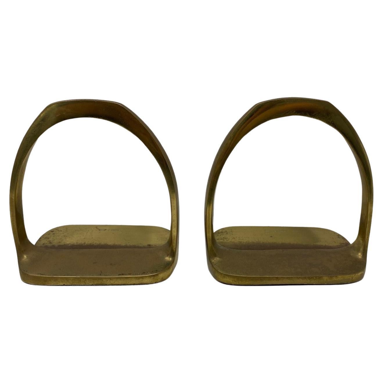 Vintage Pair of Brass Hermes Style Horse Saddle Stirrup Bookends at