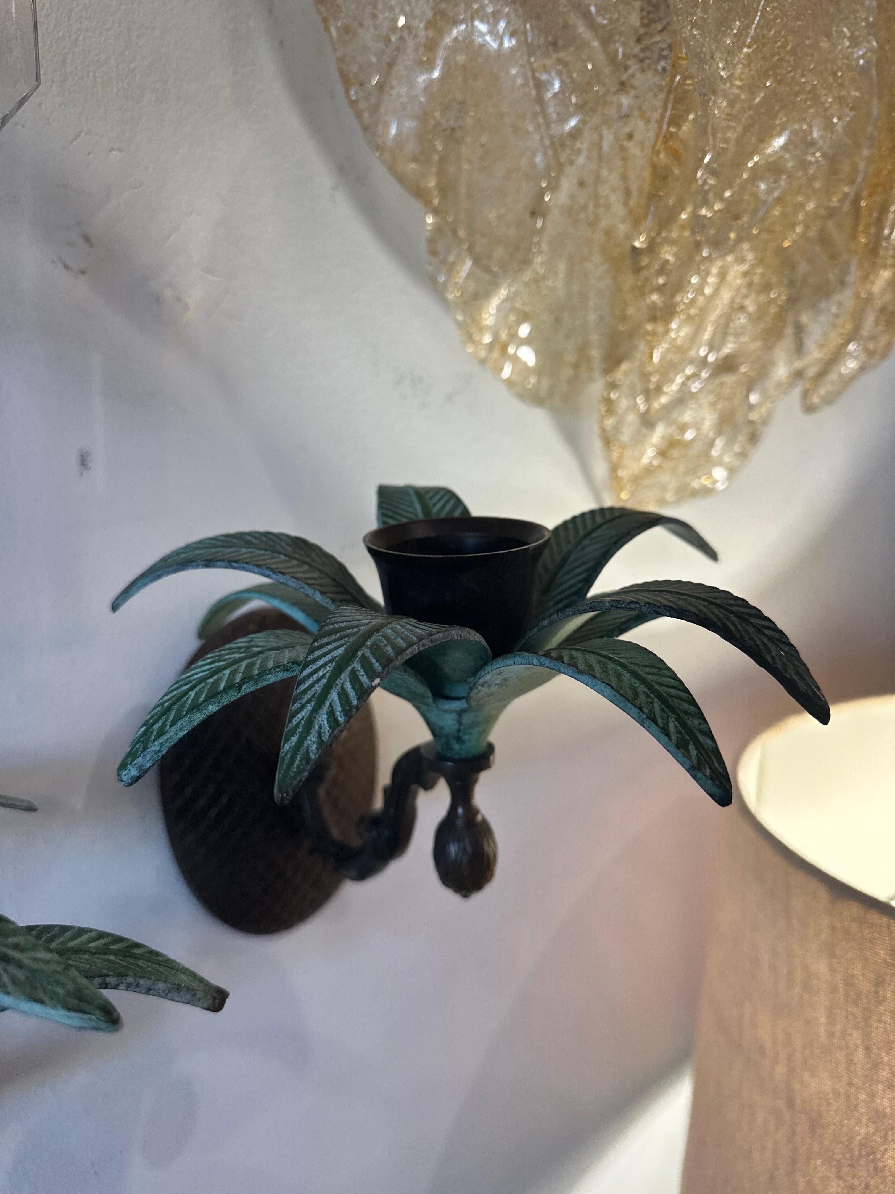 Vintage Pair of Brass Palm Tree Leaves Candle Holder Wall Sconces Palm Beach  For Sale 3