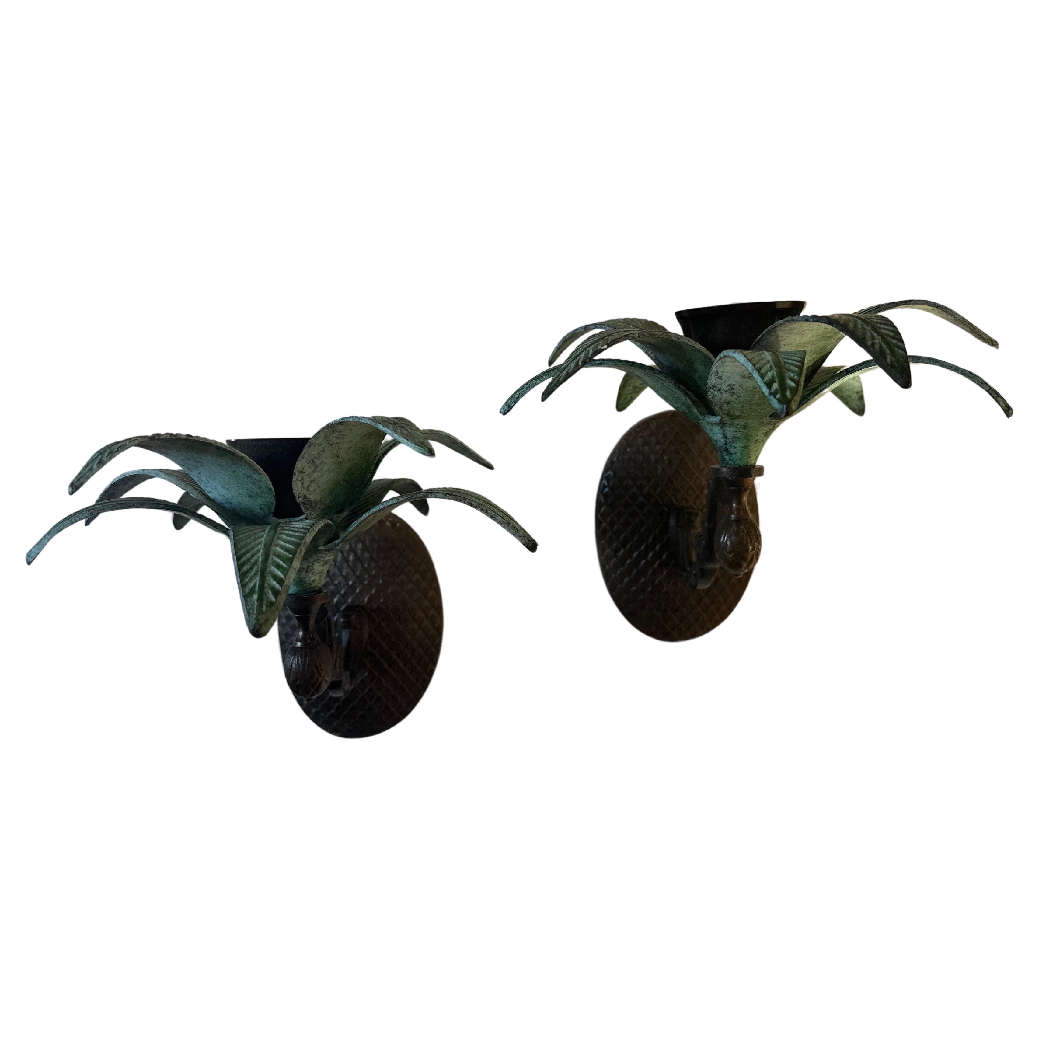 Vintage Pair of Brass Palm Tree Leaves Candle Holder Wall Sconces Palm Beach  For Sale