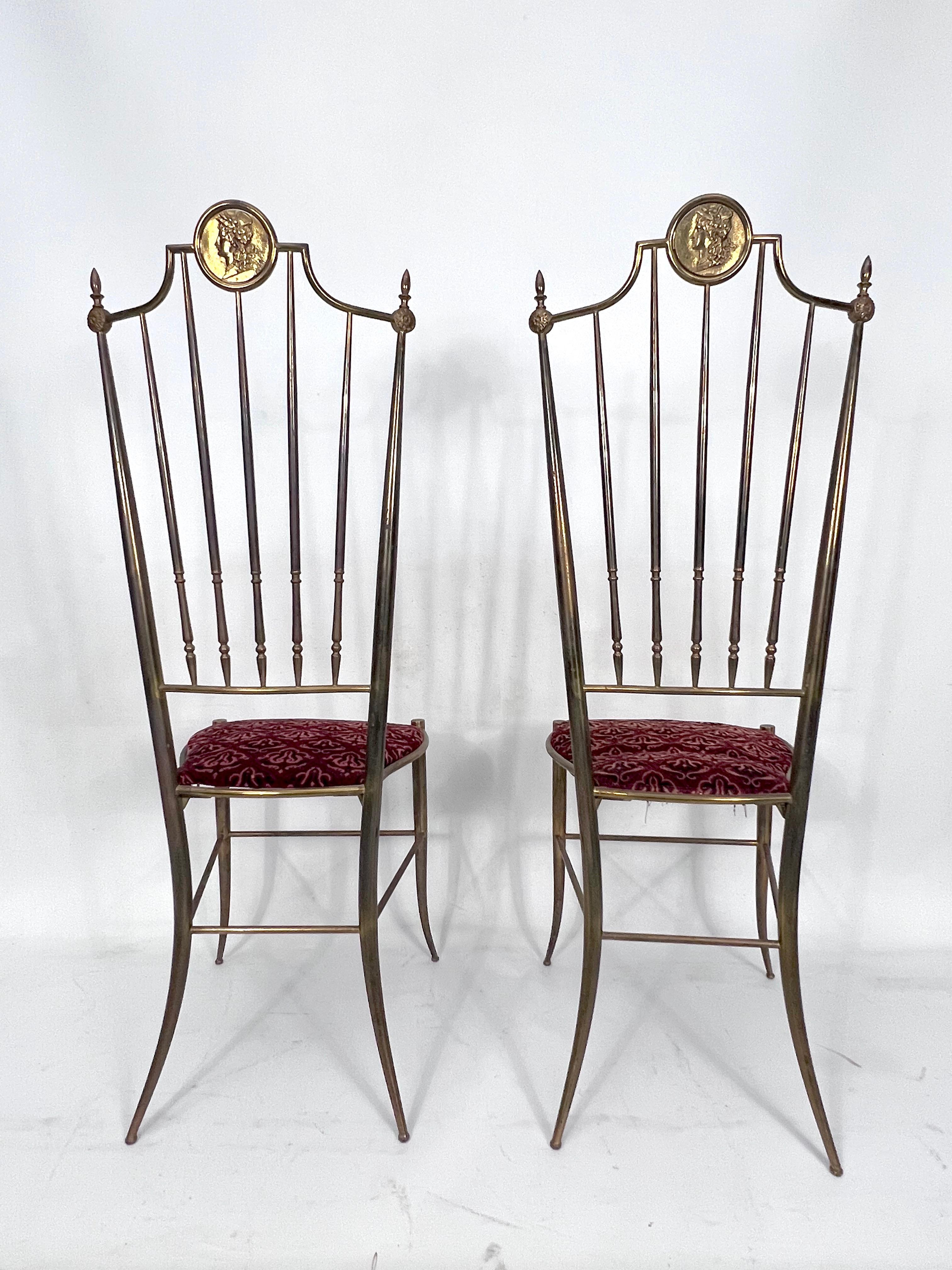Vintage Pair of Brass Tall Chairs from Chiavari, Italy, 1950s For Sale 6