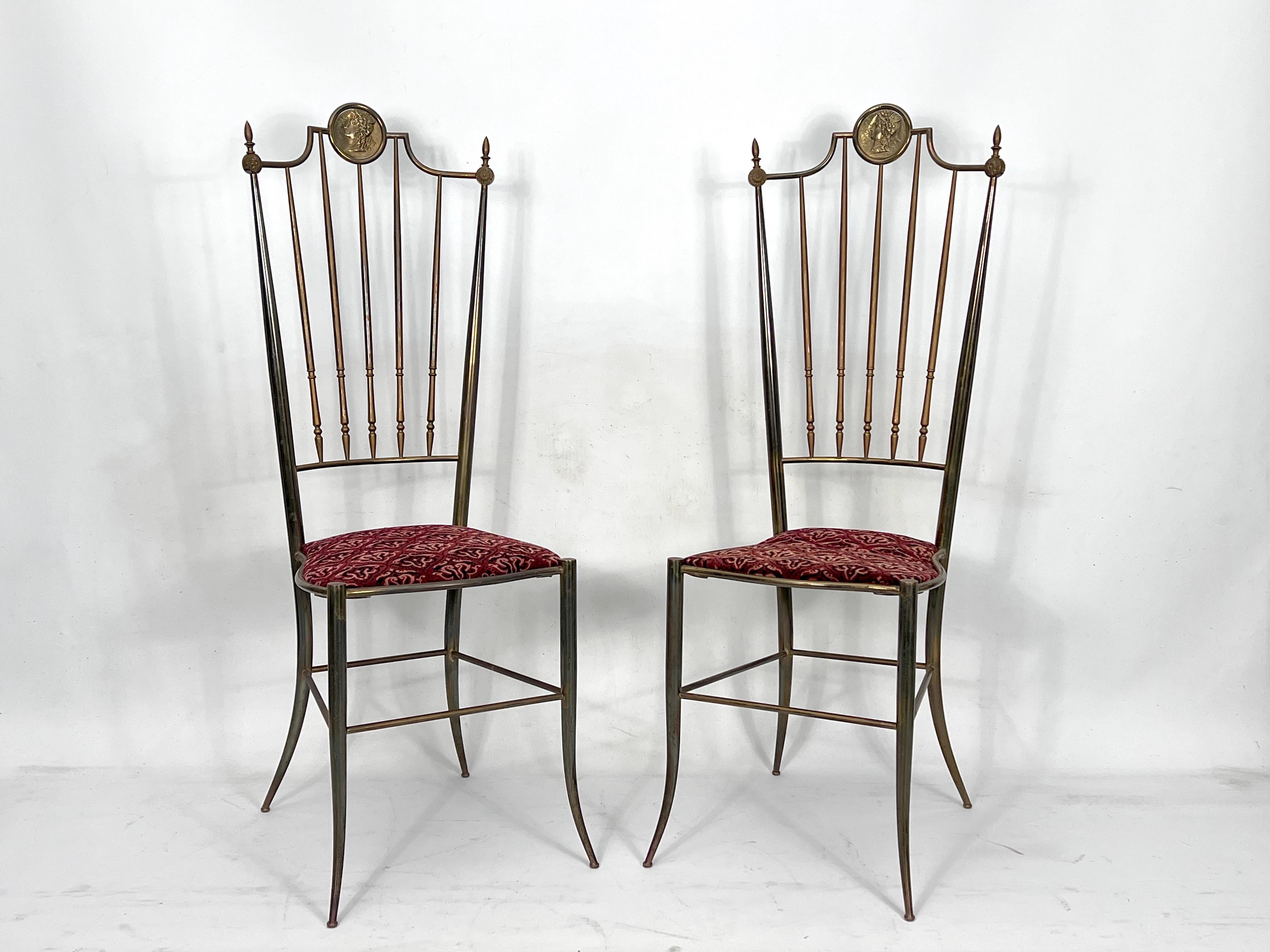 Mid-Century Modern Vintage Pair of Brass Tall Chairs from Chiavari, Italy, 1950s For Sale